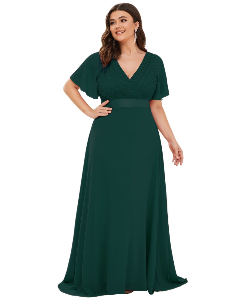 Front of a model wearing a size 22 Long Chiffon Empire Waist Bridesmaid Dress with Short Flutter Sleeves in Dark Green by Ever-Pretty. | dia_product_style_image_id:329465